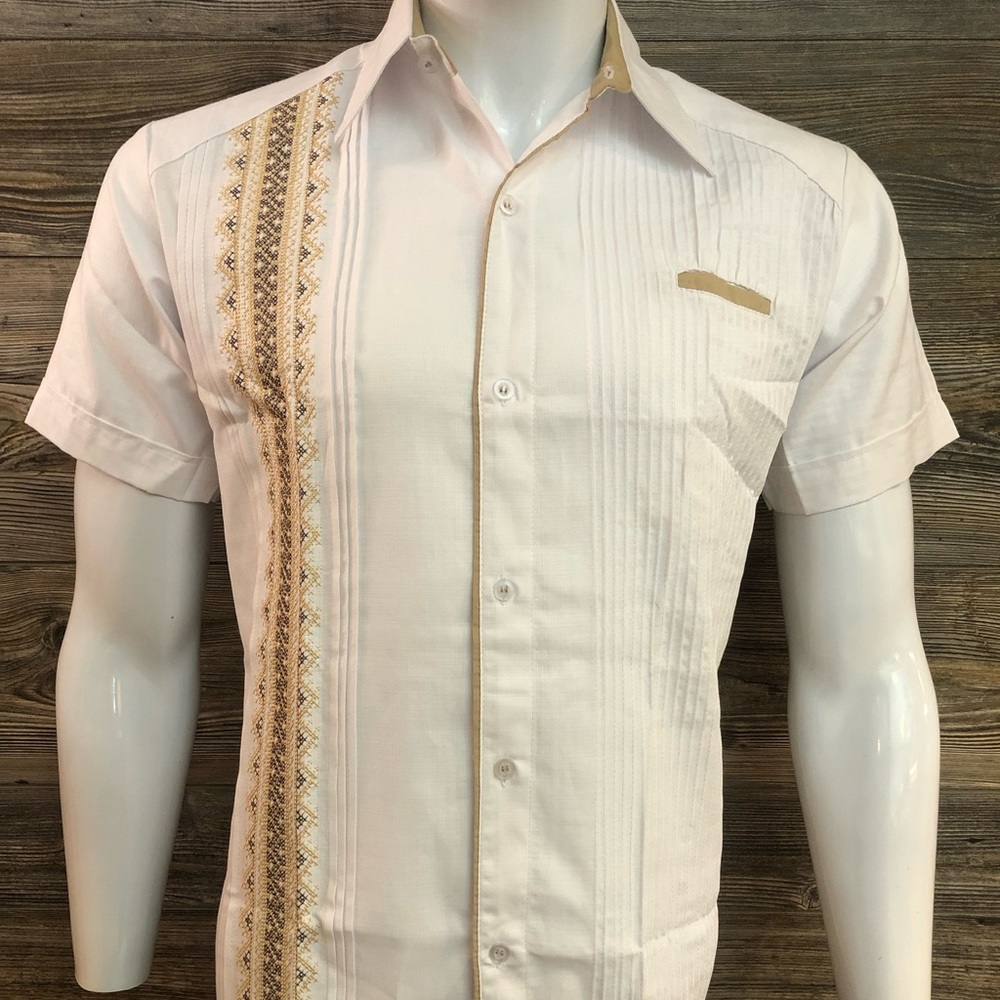 Medium Mexican Guayabera Dress Shirt White w Beige Brown Embroidery Short Sleeve